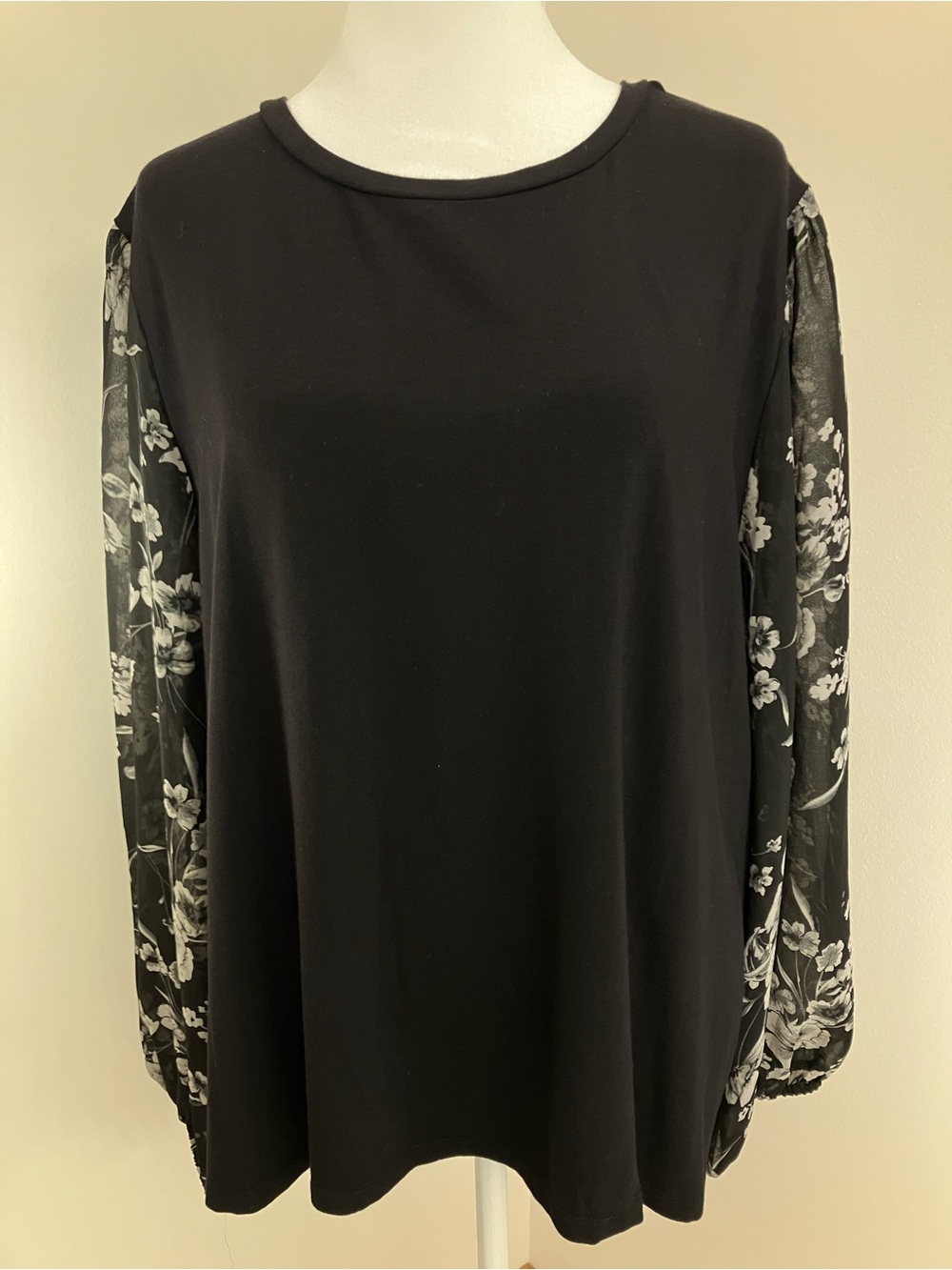 Tahari Black Long Sleeve Top with Floral Sheer Sleeves